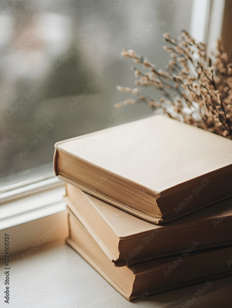 Poster Cozy Autumn Reading Corner with Stack of Books Beside a Frosted Window : Generative AI