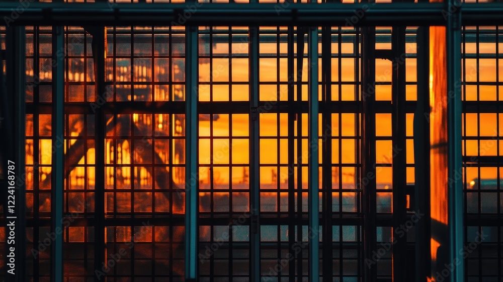 Poster The warm colors of sunset reflecting on steel bars, creating complex patterns and textures in the foreground of an industrial setting