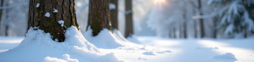 Softly falling snow wraps around bare tree trunks, bark, trees, evergreen