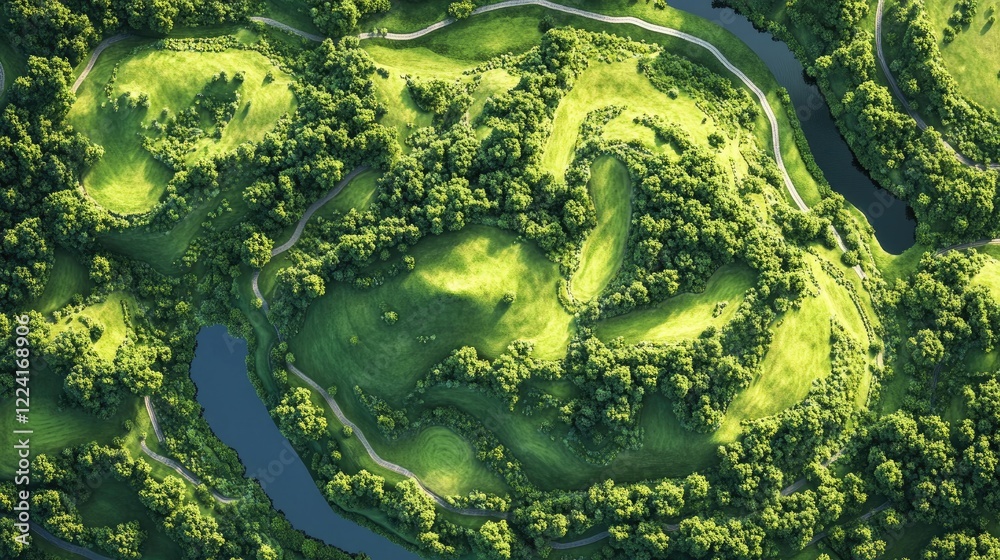 Poster top-down view of a green landscape designed to form the shape of continents on a world map, symboliz