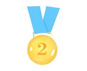 Medal for second place. Golden 2nd place badge. Gold medal with the image of the number 2 . Vector illustration