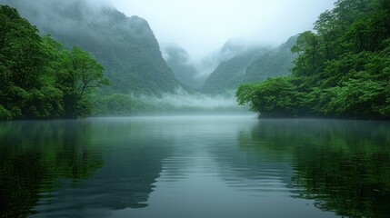 Naklejka premium Serene Misty Mountain Lake in Lush Green Foliage