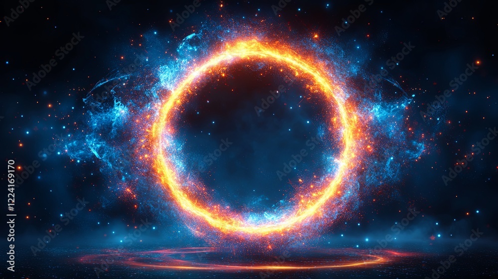 Poster Glowing sphere of particles exploding outward and reforming in a seamless loop, creating dynamic visual effects