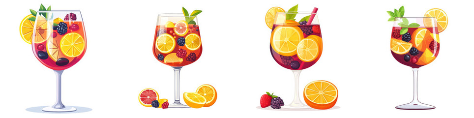 Flat style illustration of sangria in a glass, vibrant colors, citrus and berry slices, isolated on white background. Collection Set Png.