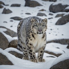 Obraz premium A snow leopard appearing almost camouflaged in a snow-covered boulder field.