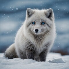 A fluffy arctic fox with piercing blue eyes standing on snow.