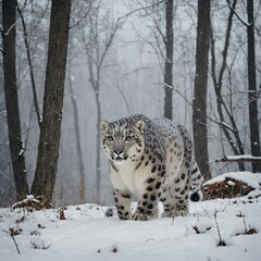 Obraz premium A snow leopard walking through a winter forest under a pale white sky.