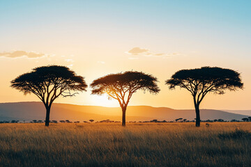 Fototapeta premium Sunset over a savannah landscape featuring three acacia trees silhouetted against a vibrant sky