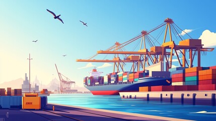 Fototapeta premium Vibrant Illustration of a Container Ship at Dock with Cranes