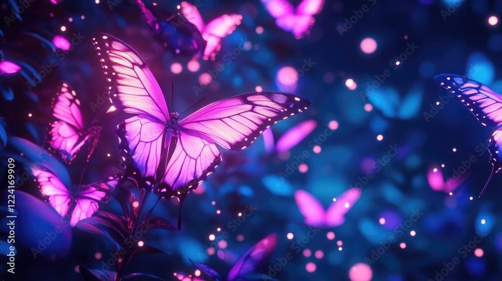 Poster vibrant butterflies fluttering amidst sparkling purple light on a dark background, creating an encha