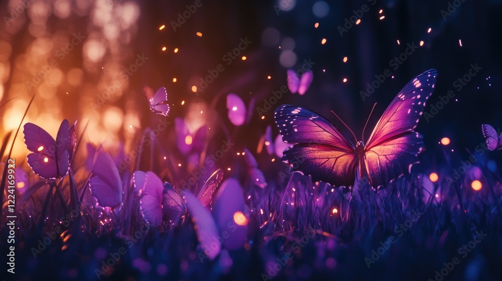 Poster vibrant butterflies fluttering amidst sparkling purple light on a dark background, creating an encha
