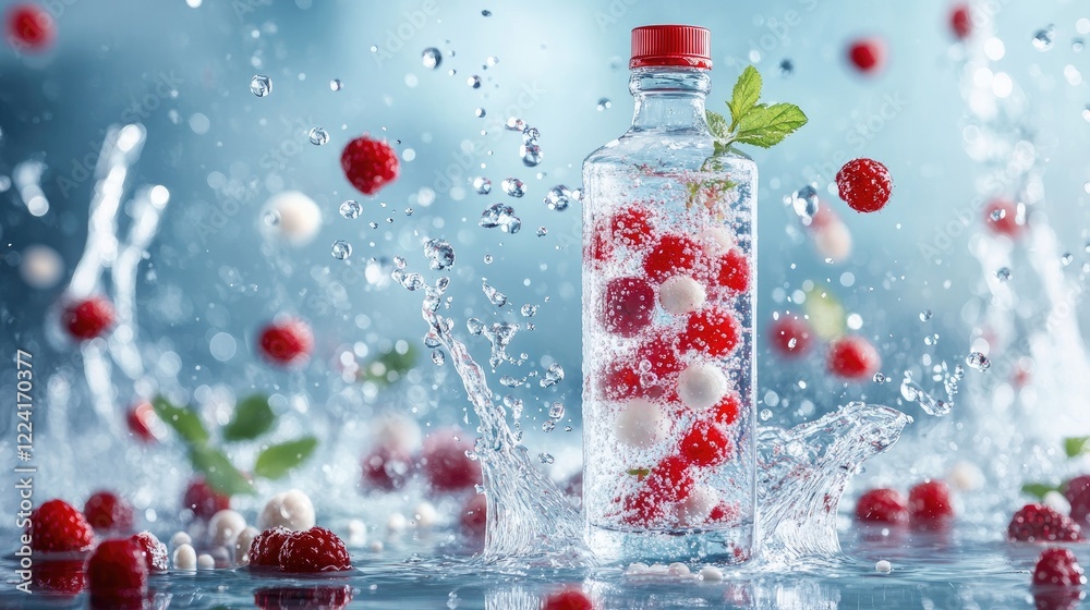 Poster vibrant red and white berries levitate above cascading water splashes, creating a refreshing and hig