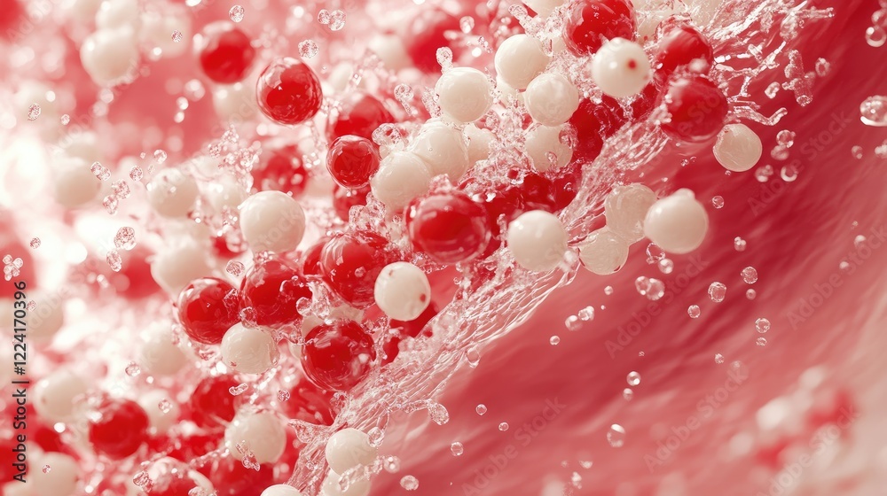 Poster vibrant red and white berries levitate above cascading water splashes, creating a refreshing and hig