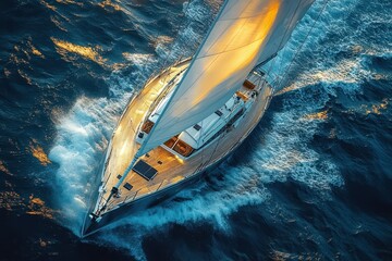 Fototapeta premium Aerial 3D View of a Luxury Sailboat Sailing in the Open Sea