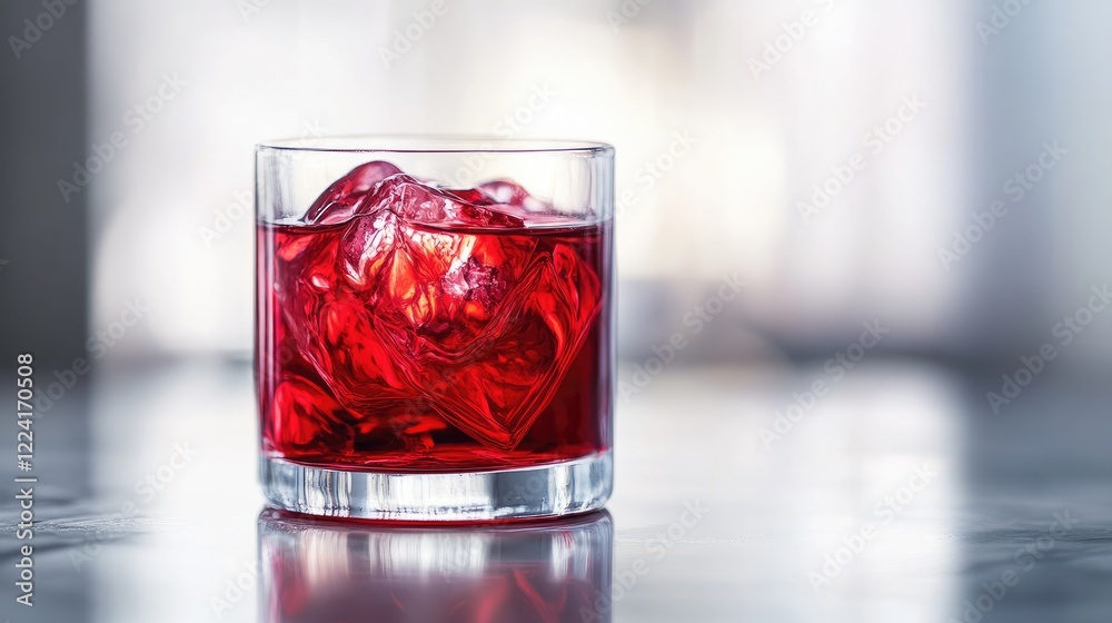 Poster vibrant red cranberry syrup swirling as it mixes with clear water in a glass, creating a striking vi