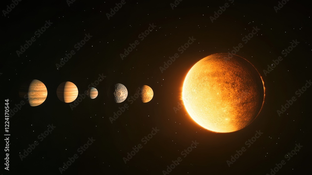 Poster View from the distant reaches of the solar system, showing planets in alignment as the sun casts its golden rays across the vastness of space