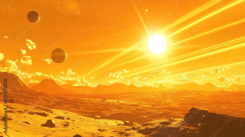 Poster View from the distant reaches of the solar system, showing planets in alignment as the sun casts its golden rays across the vastness of space
