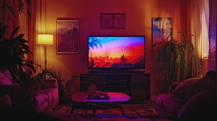 Vibrant TV screen casting colorful light in a cozy living room at night, creating an intimate, peaceful environment for relaxation