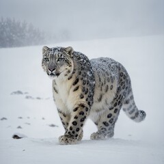 A snow leopard emerging from a foggy snowstorm onto a pristine white plateau.