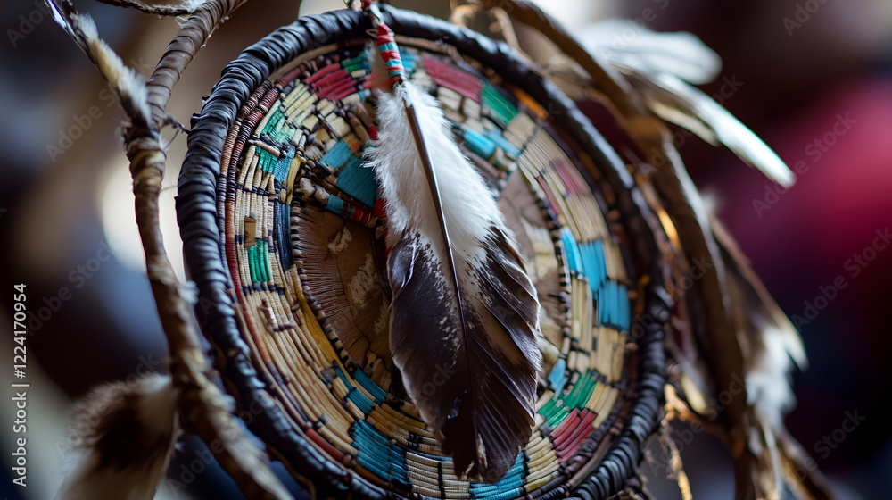 Poster Close Up of Artistic Dreamcatcher with Detailed Feather Decor and Beadwork : Generative AI