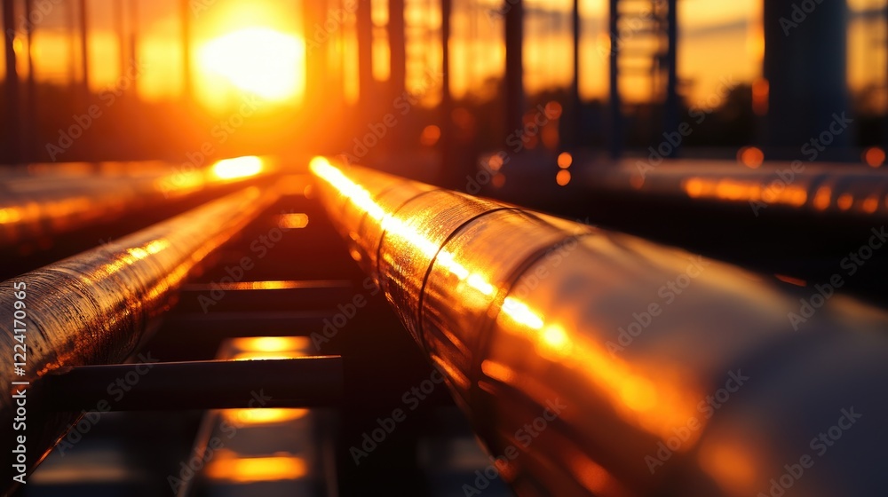 Poster Warm sunset light reflecting off steel bars, creating a mesmerizing pattern and adding a unique texture to the industrial setting in the foreground