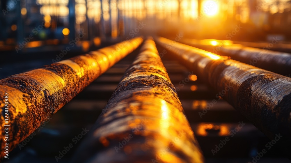 Poster Warm sunset light reflecting off steel bars, creating a mesmerizing pattern and adding a unique texture to the industrial setting in the foreground