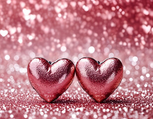 Fototapeta premium Two Rose Gold Hearts: Two exquisite rose gold hearts sit nestled together against a backdrop of shimmering pink glitter, a perfect symbol of love, romance, and Valentine's Day. 