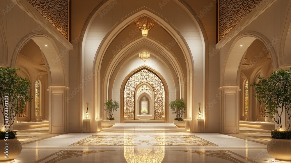 Poster warmly lit architectural arches adorned with intricate motifs, creating a serene and peaceful interi