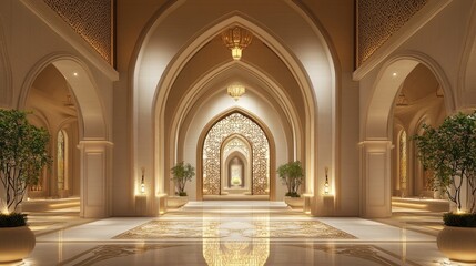 Naklejka premium Warmly lit architectural arches adorned with intricate motifs, creating a serene and peaceful interior scene filled with elegance and tranquility