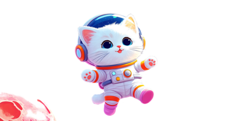 Adorable cartoon cat in a vibrant astronaut suit with a space helmet floating on a transparan background. Space adventure concept