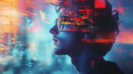 Young man with glasses gazing at the future, abstract colorful digital design overlay