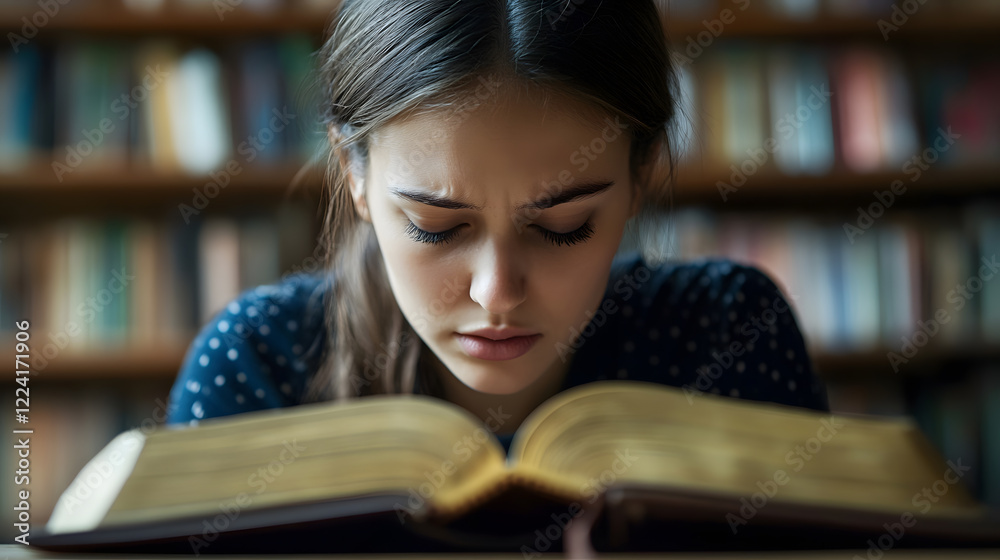 Poster Focused student girl reading book in library filled with knowledge resources : Generative AI