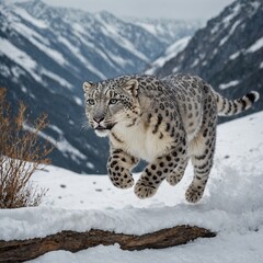 Obraz premium A snow leopard leaping gracefully across a snowy gap in the mountain trail.