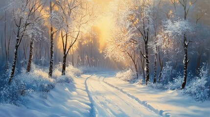 Fototapeta premium Snowy forest path sunrise winter landscape, calm