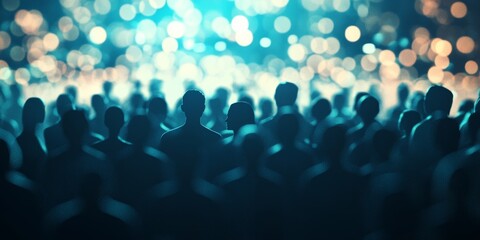 Obraz premium A crowd of people are gathered in a large room, with a blue and white background