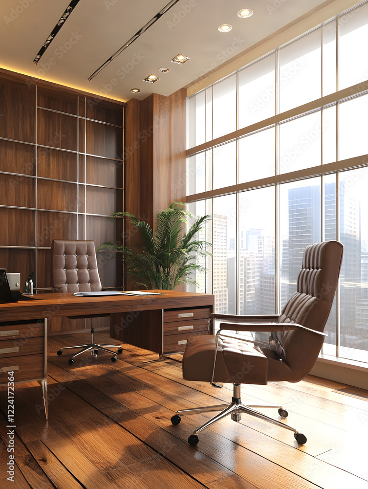 Poster luxurious office with wooden elements and panoramic city window view : generative ai