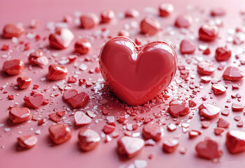 Fototapeta premium Intact Heart Among Shattered Dreams: A single, glossy red heart stands resilient amidst a scattering of broken, crimson hearts, symbolizing hope and endurance amidst heartbreak. 