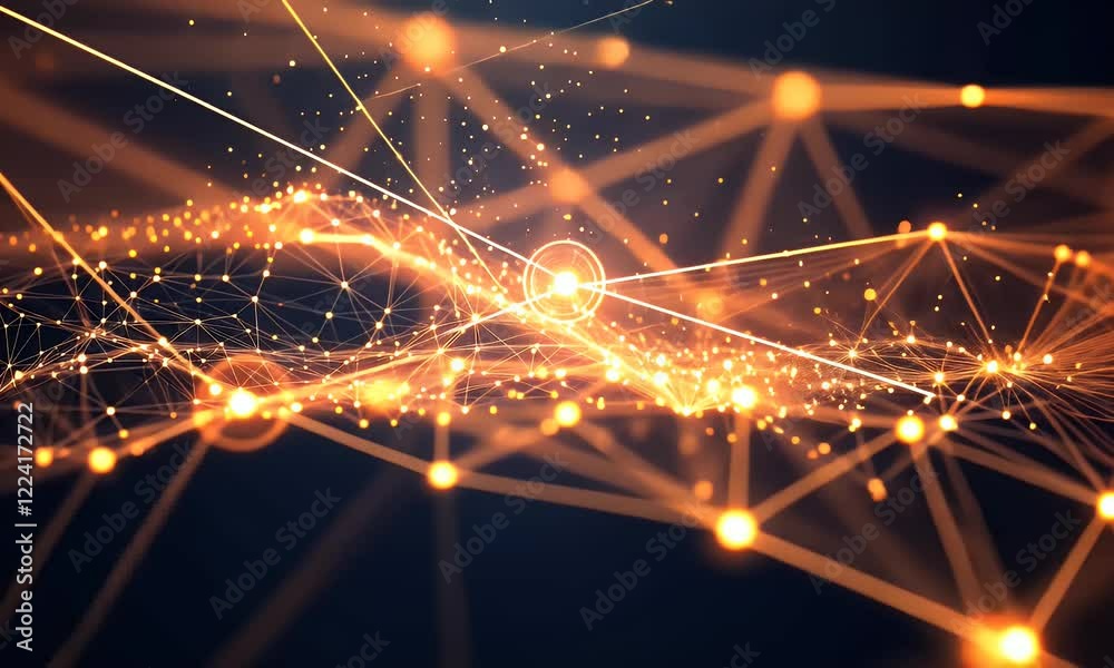Poster abstract network data flow, glowing nodes, dark background, technology concept