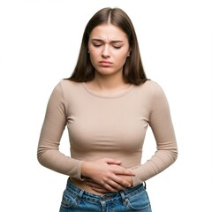 woman is having stomach ache . menstruation ,  with a face of pain . ai generative 