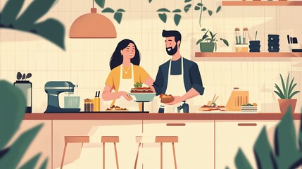 Fototapeta premium Delightful Kitchen Scene: Couple Baking Together with a Warm and Cozy Vibe
