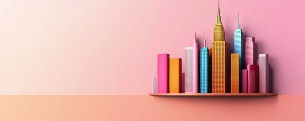 Fototapeta premium A vibrant, stylized depiction of a city skyline, featuring colorful buildings against a soft pink background.