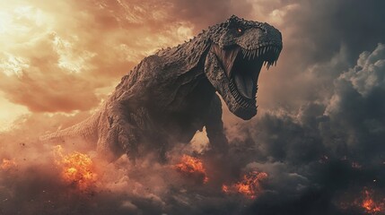 A roaring Tyrannosaurus Rex emerges from the fiery clouds of a prehistoric landscape.