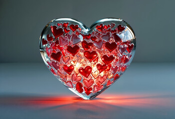 Heart of Hearts: A captivating image of a delicate glass heart filled with tiny, glowing hearts. The warm, luminous glow emanating from the heart's core creates a mesmerizing atmosphere.