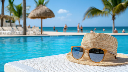 Obraz premium close up of sunglasses and beach hat on poolside, evoking relaxation