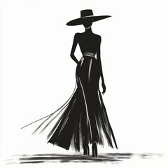 Elegant Fashion Silhouette in Flowing Dress with Wide-Brim Hat