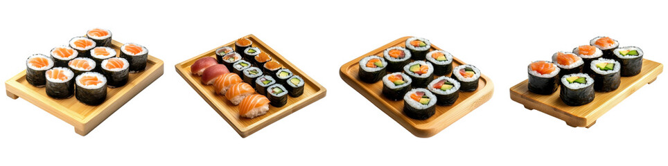 Maki sushi served on a wooden tray, isolated on a white background. Collection Set Png.