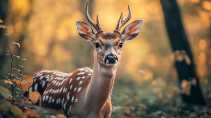 Obraz premium A young male deer with antlers looking at the camera in the forest.