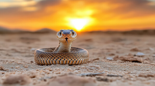 striking cobra poised against stunning sunset backdrop, showcasing nature beauty
