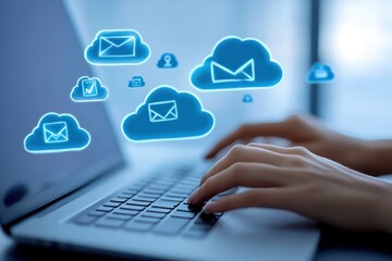 A side-angle shot of a womanâ€™s hands on a laptop keyboard with overlayed icons for cloud storage and messages.