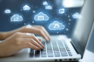 A side-angle shot of a womanâ€™s hands on a laptop keyboard with overlayed icons for cloud storage and messages.